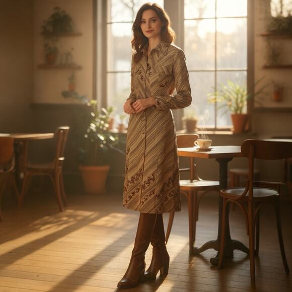 True Vtg. Handmade 70s Dress Long Sleeve Breast Pockets Fall Academia Size 14 - Picture 12 of 12